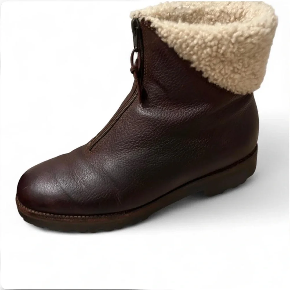 Vtg Cole Haan Shelley Sz 7 Brown Pebbled Leather Fur Lined Front Zip Booties